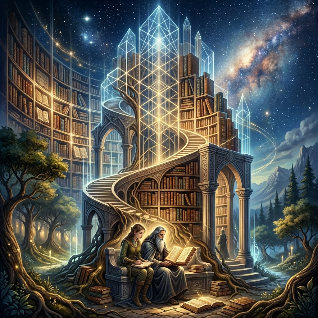 Elderly man reading a large book in a magical library with spiraling shelves and glowing crystals under a starry sky